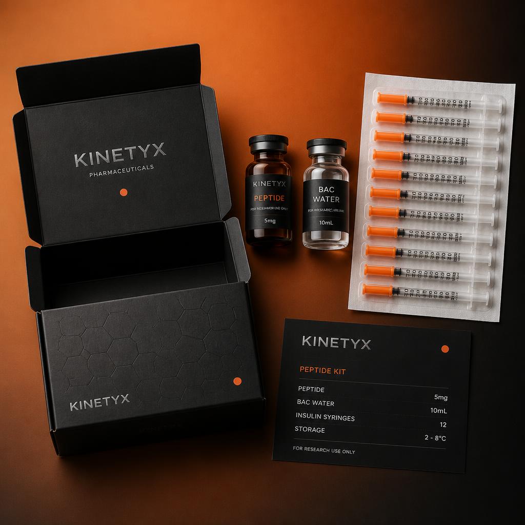 KINETYX peptide kit flatlay: box, peptide vial, BAC water, and insulin syringes
